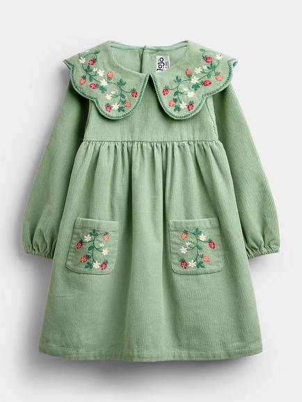 JoJo Maman Bébé Baby Corduroy Long Sleeve Strawberry Collar Dress, Sage Green, Sage Green