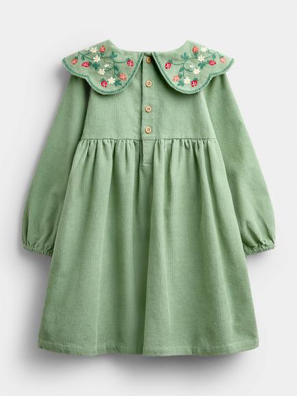 JoJo Maman Bébé Baby Corduroy Long Sleeve Strawberry Collar Dress, Sage Green - view 2, Sage Green