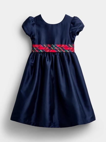 JoJo Maman Bébé Kids' Taffeta Puff Sleeve Tartan Bow Dress, Blue/Red, Blue/Red