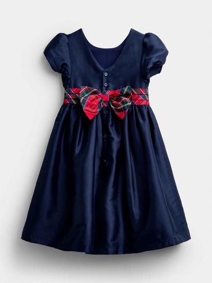 JoJo Maman Bébé Kids' Taffeta Puff Sleeve Tartan Bow Dress, Blue/Red - view 2, Blue/Red