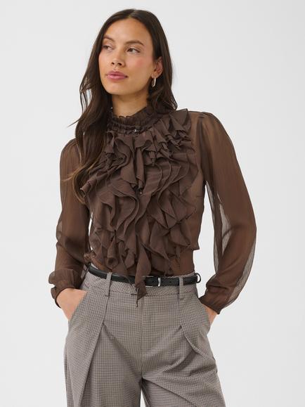 Saint Tropez Liljasz Long Sleeve Ruffle Blouse, Chocolate Brown, Chocolate Brown