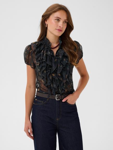 Saint Tropez Liljasz Short Sleeve Ruffle Blouse, Black Washed Dandeli, Black Washed Dandeli