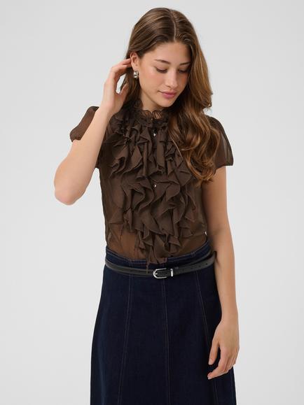Saint Tropez Liljasz Short Sleeve Ruffle Blouse, Chocolate Brown - view 2, Chocolate Brown