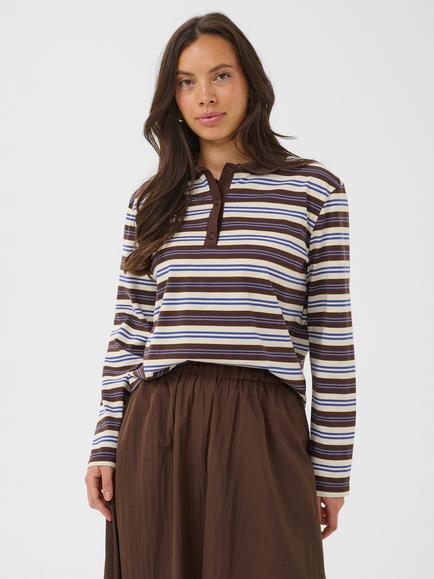 Saint Tropez Taty Striped Polo Shirt, Brown/Blue, Chocolate Brown/Blue
