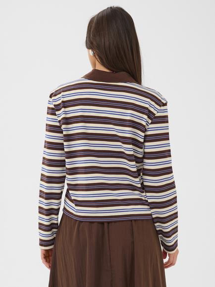 Saint Tropez Taty Striped Polo Shirt, Brown/Blue - view 2, Chocolate Brown/Blue