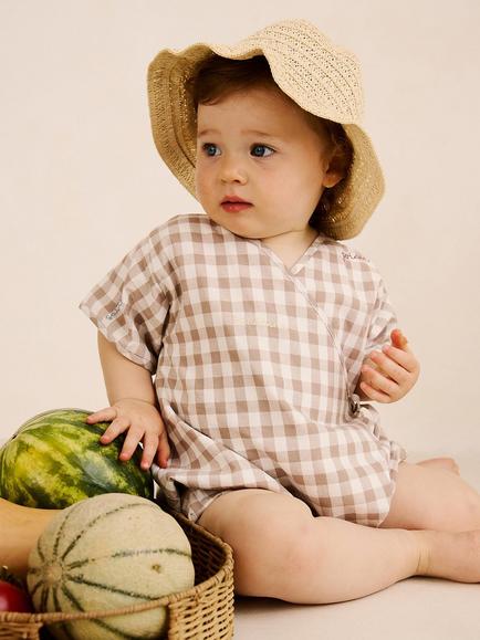 Oat & Marl Baby Summer Nostalgia Gingham Romper, Beige - view 2, Beige