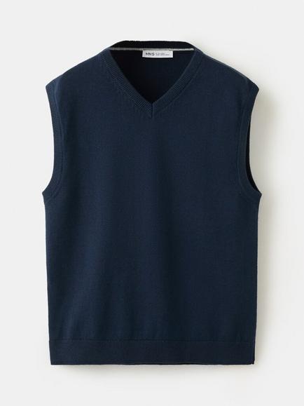 Mango Kids' Cotton V-Neck Gilet, Navy, Navy