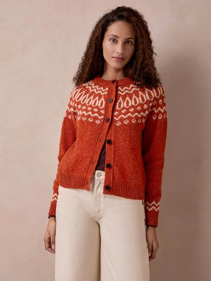 Celtic & Co. Donegal Wool Two Tone Fair Isle Cardigan, Burnt Orange, Burnt Orange