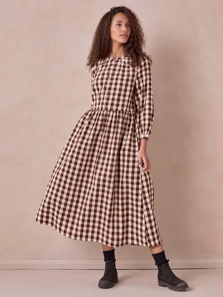 Celtic & Co. Gingham Print Midi Dress, Brown/Multi, Brown Multi