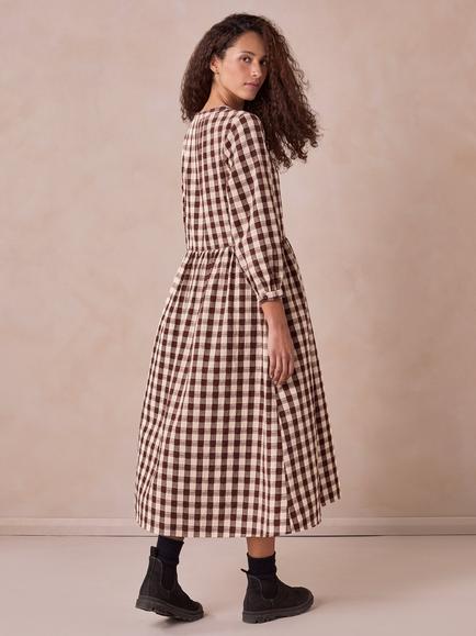Celtic & Co. Gingham Print Midi Dress, Brown/Multi - view 2, Brown Multi