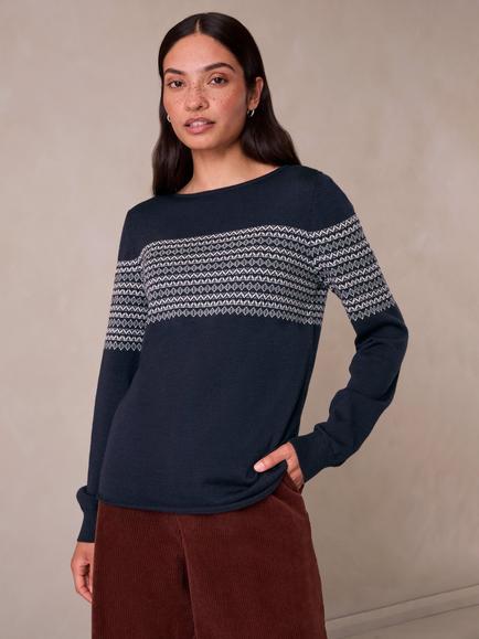 Celtic & Co Merino Wool Fair Isle Boat Neck Jumper, Blue, Icelandic Blue