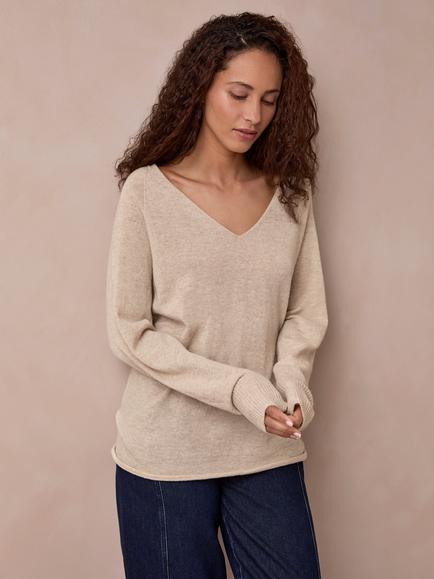 Celtic & Co. Geelong Wool Slouch V-Neck Jumper, Almond, Almond