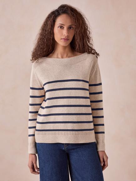 Celtic & Co. Button Detail Gansey Jumper, Ecru/Navy, Ecru/Navy