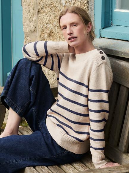 Celtic & Co. Button Detail Gansey Jumper, Ecru/Navy - view 2, Ecru/Navy