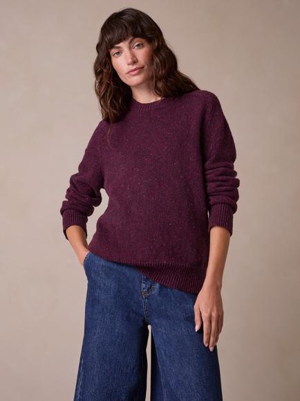 Celtic & Co. Donegal Wool Saddle Shoulder Crew Neck Jumper, Damson, Damson