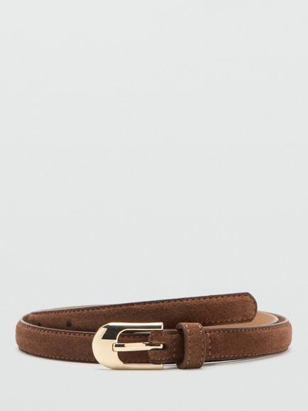 Mango Slim Leather Belt, Brown, Brown