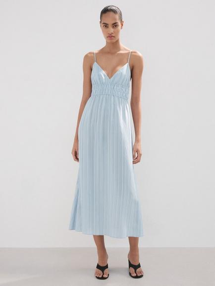 Mango Stripe V-Neck Midi Dress, Sky Blue, Sky Blue