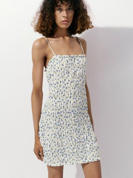 Mango Vestido Milo Floral Shirred Mini Dress, Blue, Blue