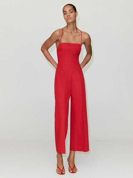 Mango Linen Blend Wide Leg Jumpsuit, Red, Red
