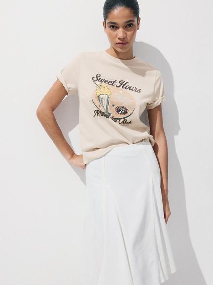 Mango Camiseta Cotoon Graphic T-Shirt, Beige, Beige