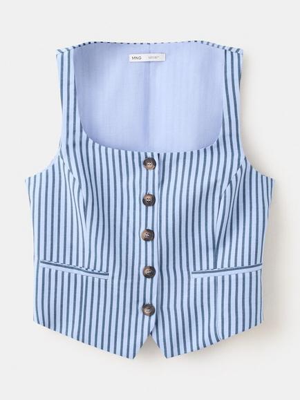 Mango Linen Blend Sleeveless Vest Top, Sky Blue, Sky Blue