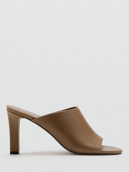 Mango Leather Block Heel Peep Toe Mule Sandals, Khaki, Khaki