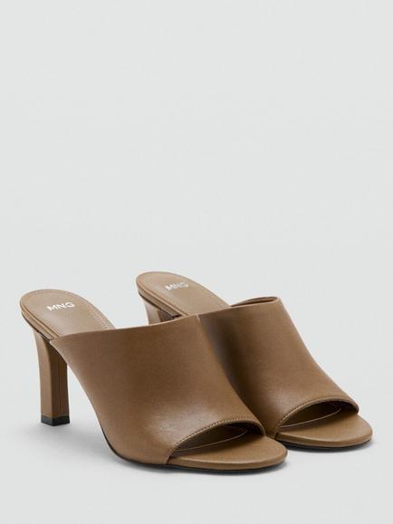 Mango Leather Block Heel Peep Toe Mule Sandals, Khaki - view 2, Khaki