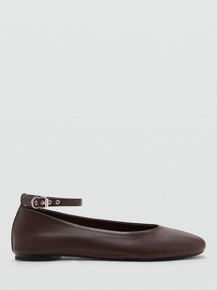 Mango Leather Ankle Strap Ballerina Pumps, Chocolate, Chocolate