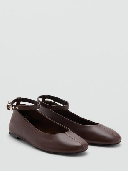 Mango Leather Ankle Strap Ballerina Pumps, Chocolate - view 2, Chocolate