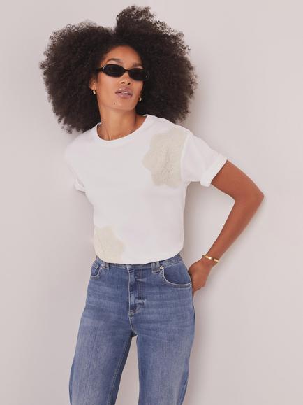 Mint Velvet Crochet Detail T-Shirt, White Ivory, White Ivory