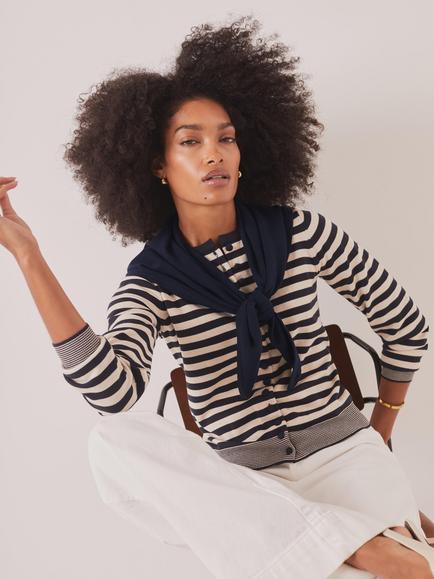 Mint Velvet Striped Scarf Detail Cardigan, Blue Navy - view 2, Blue Navy