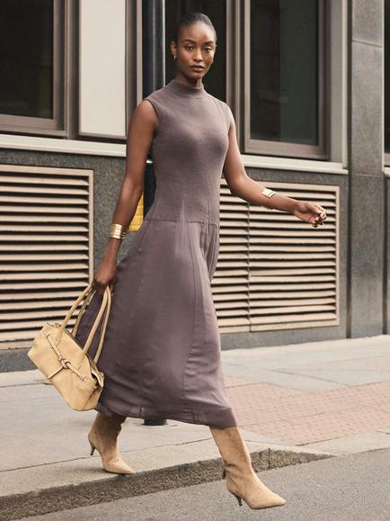 Mint Velvet Knit Mix Midi Dress, Brown - view 2, Brown