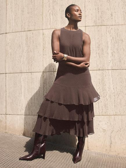 Mint Velvet Ruffle Midi Dress, Brown, Brown