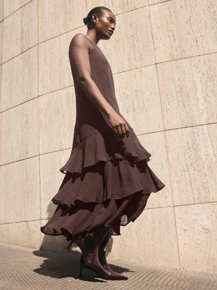 Mint Velvet Ruffle Midi Dress, Brown - view 2, Brown