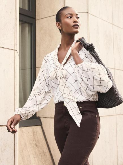 Mint Velvet Check Pussy Bow Blouse, Natural Cream, Natural Cream