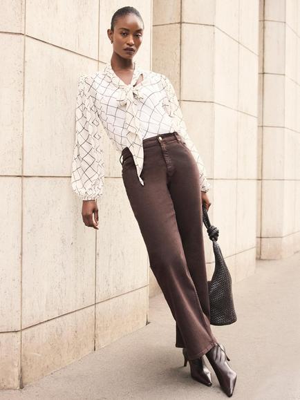 Mint Velvet Check Pussy Bow Blouse, Natural Cream - view 2, Natural Cream