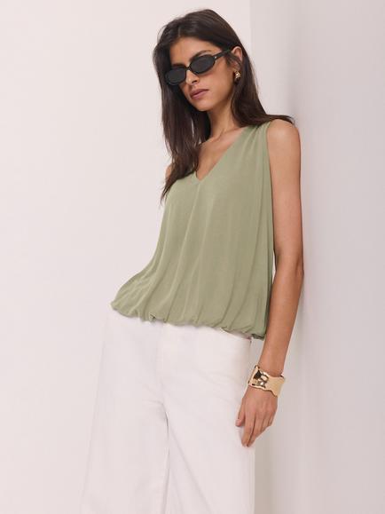 Mint Velvet V-Neck Bubble Hem Sleeveless Top, Green Khaki - view 2, Green Khaki