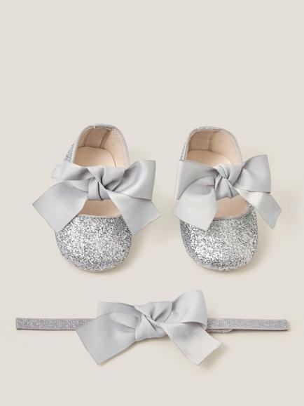 Monsoon Baby Bow Glitter Headband & Shoes Set, Silver