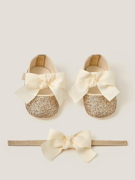 Monsoon Baby Bow Glitter Headband & Shoes Set, Gold