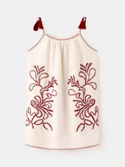 Mango Kids' Vestido Embroidered A-Line Tunic Dress, Beige, Beige