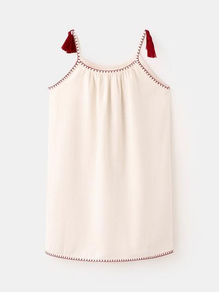 Mango Kids' Vestido Embroidered A-Line Tunic Dress, Beige - view 2, Beige