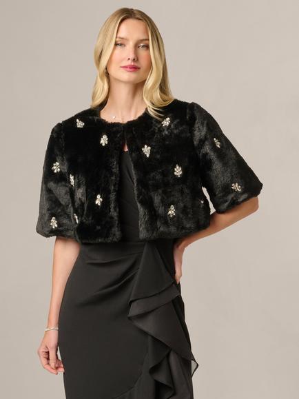 Adrianna Papell Crystal Faux Fur Coverup, Black, Black