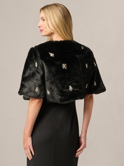 Adrianna Papell Crystal Faux Fur Coverup, Black - view 2, Black
