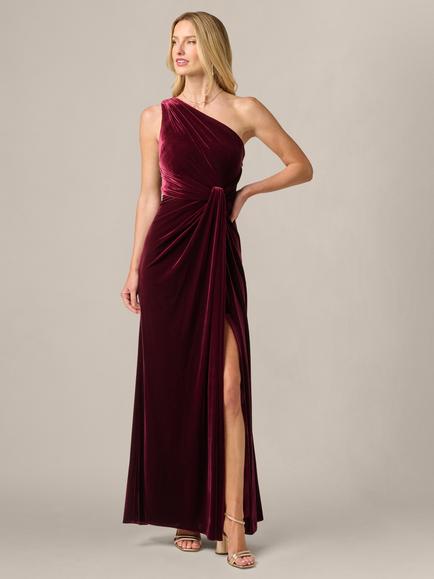 Adrianna Papell One Shoulder Side Slit Velvet Dress, Bordeaux, Bordeaux