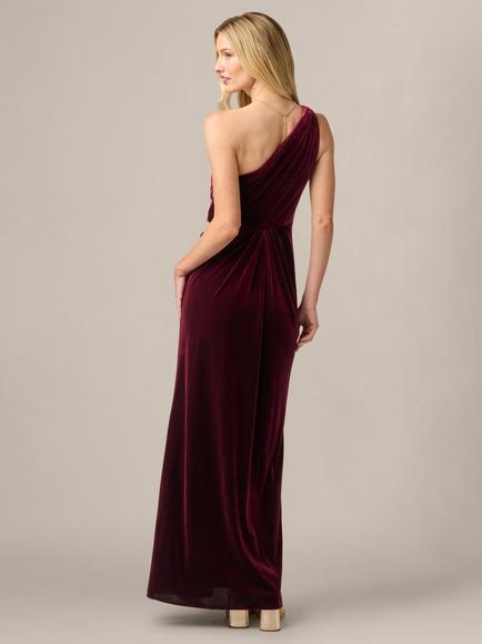 Adrianna Papell One Shoulder Side Slit Velvet Dress, Bordeaux - view 2, Bordeaux