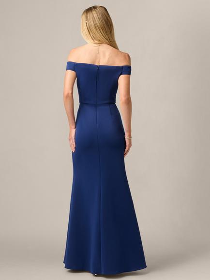 Adrianna Papell Off Shoulder Scuba Gown, Navy Sateen - view 2, Navy Sateen