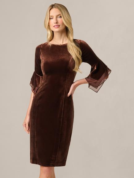 Adrianna Papell Petite Velvet Bell Sleeve Dress, Dark Brown, Dark Brown