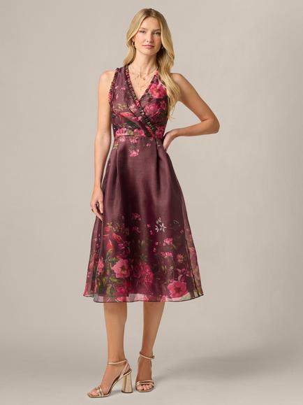 Adrianna Papell Floral Printed Organza Midi Dress, Burgundy Multi, Burgundy Multi