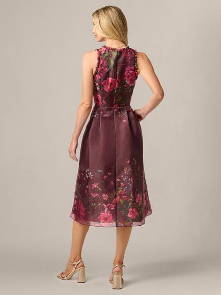 Adrianna Papell Floral Printed Organza Midi Dress, Burgundy Multi - view 2, Burgundy Multi
