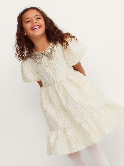 Monsoon Kids' Josephine Puff Sleeve Metallic Jacquard Party Dress, Gold, Gold